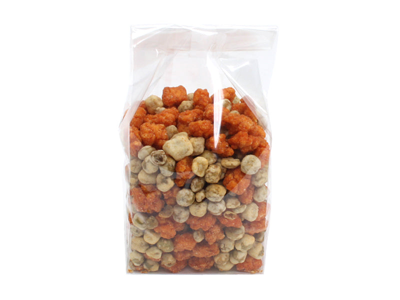Blokbundspose forseglet bund i cellofan, 10 x 6 x 28 cm. med indhold